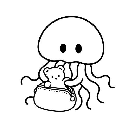 くらげがクマのぬいぐるみをポーチにしまっているイラスト
