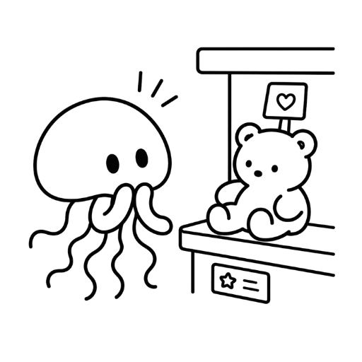 くらげが店で好みのぬいぐるみを見つけたイラスト